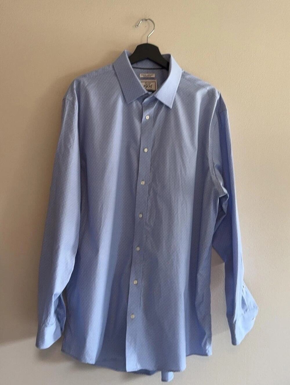Jos A Bank 1905 Dress Shirt Mens 17.5 36/37 Blue Dot Slim Fit Non Iron Stretch